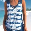 High Waisted Striped Drawstring Peacock Blue Tankini Set -Rosewe Promotion Store 330026 P 1679549912952