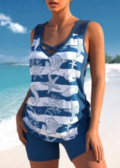 High Waisted Striped Drawstring Peacock Blue Tankini Set -Rosewe Promotion Store 330026 P 1679549913437