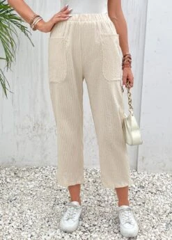 Pocket Elastic Waist High Waisted Beige Pants