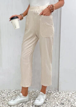 Pocket Elastic Waist High Waisted Beige Pants -Rosewe Promotion Store 330086 P 16839802553172