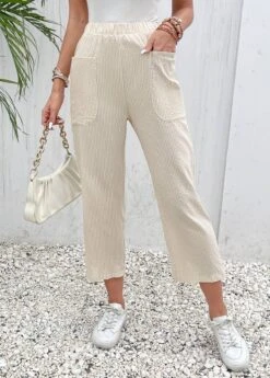 Pocket Elastic Waist High Waisted Beige Pants -Rosewe Promotion Store 330086 P 16839802559483