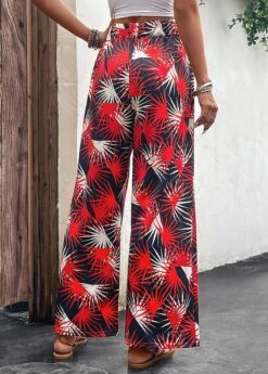 Leaf Print Lightweight Red Elastic Waist Pants 9 Leaf Print Lightweight Red Elastic Waist Pants -Rosewe Promotion Store 330088 P 16818067610651