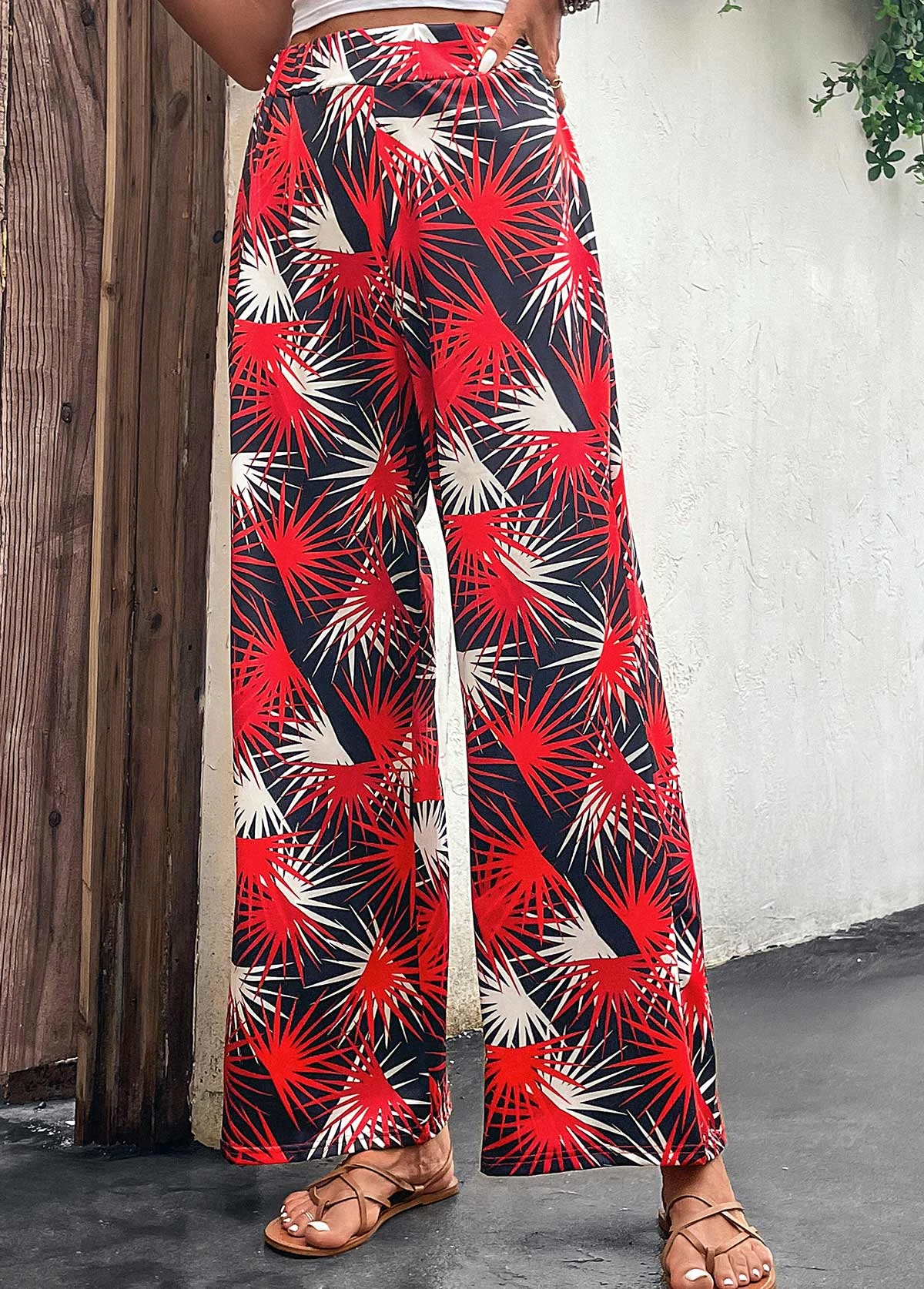 Leaf Print Lightweight Red Elastic Waist Pants 6 Leaf Print Lightweight Red Elastic Waist Pants - Image 4