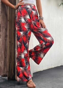 Leaf Print Lightweight Red Elastic Waist Pants 10 Leaf Print Lightweight Red Elastic Waist Pants -Rosewe Promotion Store 330088 P 16818067614032