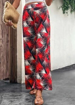 Leaf Print Lightweight Red Elastic Waist Pants 13 Leaf Print Lightweight Red Elastic Waist Pants -Rosewe Promotion Store 330088 P 16818067619075
