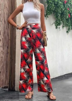 Leaf Print Lightweight Red Elastic Waist Pants 12 Leaf Print Lightweight Red Elastic Waist Pants -Rosewe Promotion Store 330088 P 16818067619324