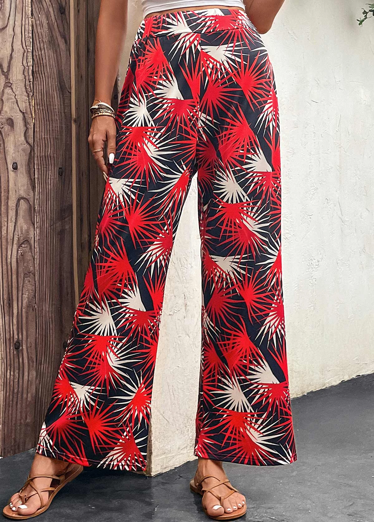 Leaf Print Lightweight Red Elastic Waist Pants 3 Leaf Print Lightweight Red Elastic Waist Pants