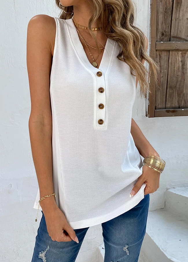 White V Neck Button Tank Top 5 White V Neck Button Tank Top - Image 3