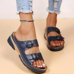 Open Toe Dark Blue Low Heel Slippers