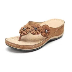 Dark Camel Toe Post Floral Design Flip Flops