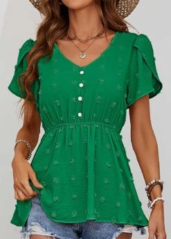 Button Green Ruched V Neck Blouse -Rosewe Promotion Store 330135 P 1679565000275