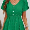 Button Green Ruched V Neck Blouse -Rosewe Promotion Store 330135 P 1679565000589