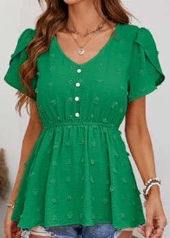 Button Green Ruched V Neck Blouse
