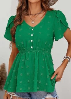 Button Green Ruched V Neck Blouse -Rosewe Promotion Store 330135 P 1679565001557