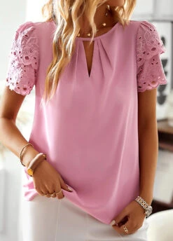 Patchwork Round Neck Short Sleeve Pink Blouse 8 Patchwork Round Neck Short Sleeve Pink Blouse -Rosewe Promotion Store 330137 P 1679565040787
