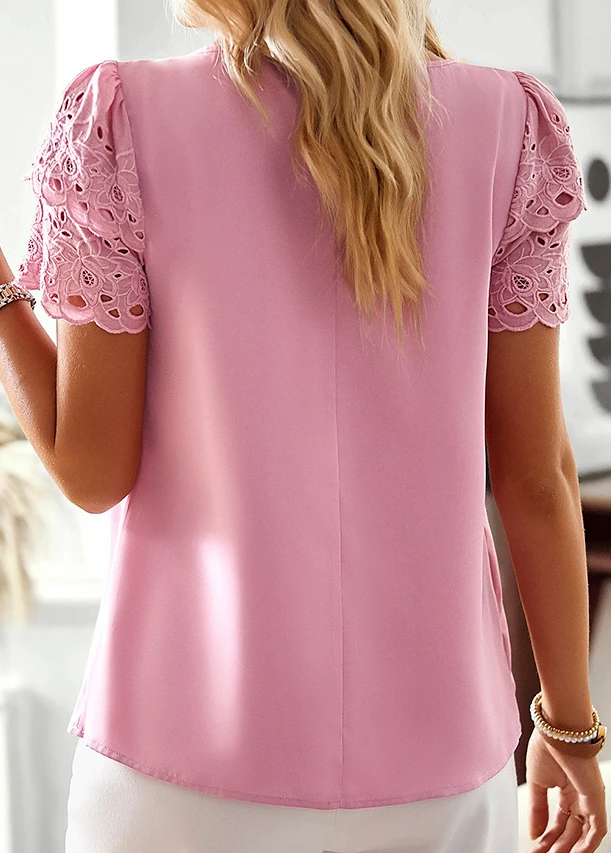 Patchwork Round Neck Short Sleeve Pink Blouse 4 Patchwork Round Neck Short Sleeve Pink Blouse - Image 2