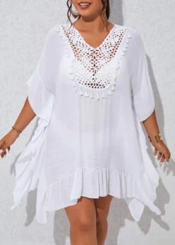 Patchwork White Plus Size Tassel Cover Up 10 Patchwork White Plus Size Tassel Cover Up -Rosewe Promotion Store 330150 P 16805050640603