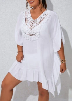 Patchwork White Plus Size Tassel Cover Up 9 Patchwork White Plus Size Tassel Cover Up -Rosewe Promotion Store 330150 P 16805050641402