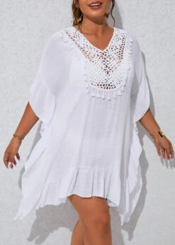 Patchwork White Plus Size Tassel Cover Up