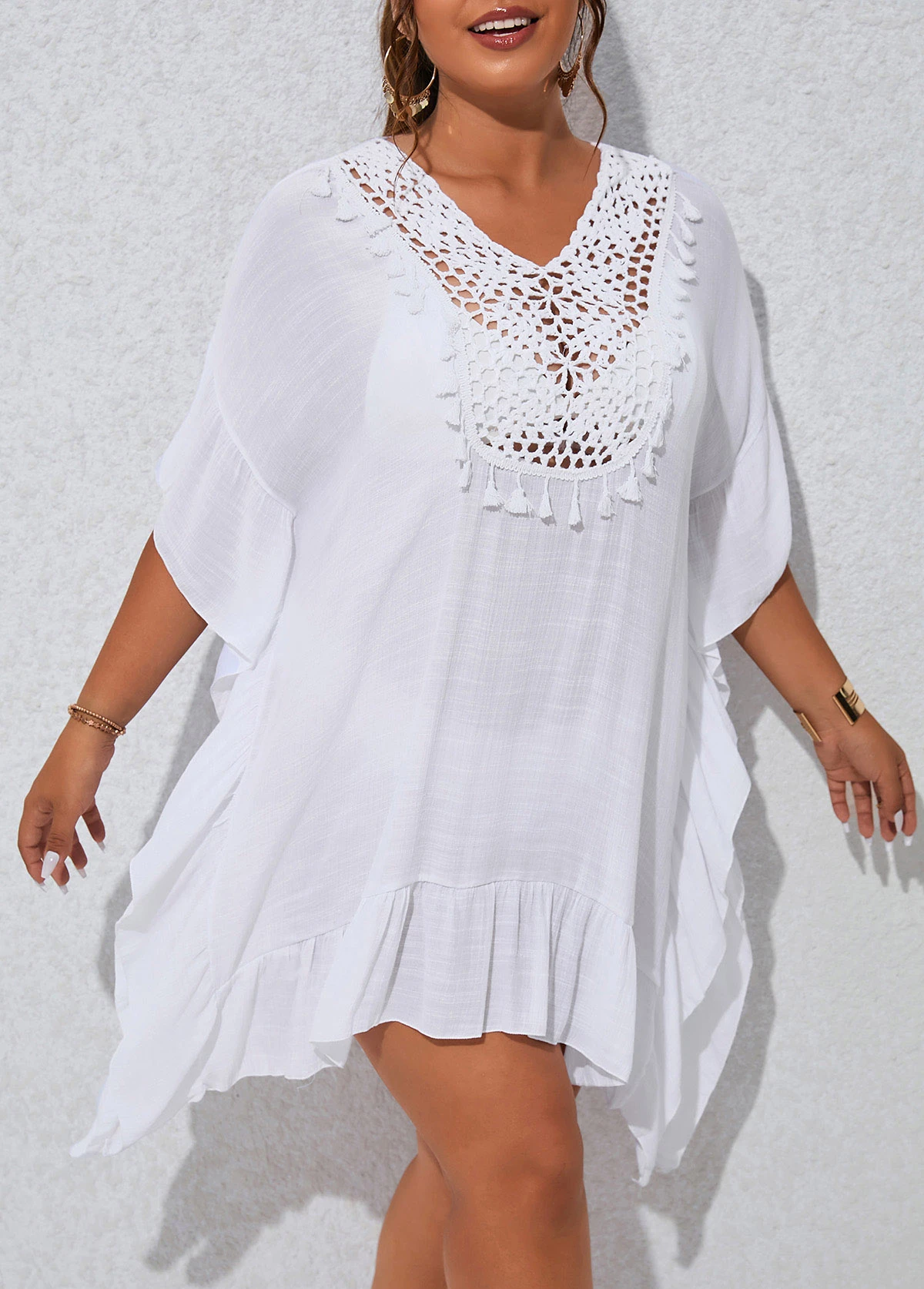 Patchwork White Plus Size Tassel Cover Up 3 Patchwork White Plus Size Tassel Cover Up