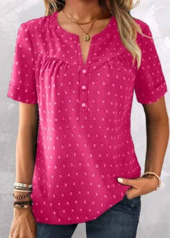 Plus Size Hot Pink Button Short Sleeve Blouse