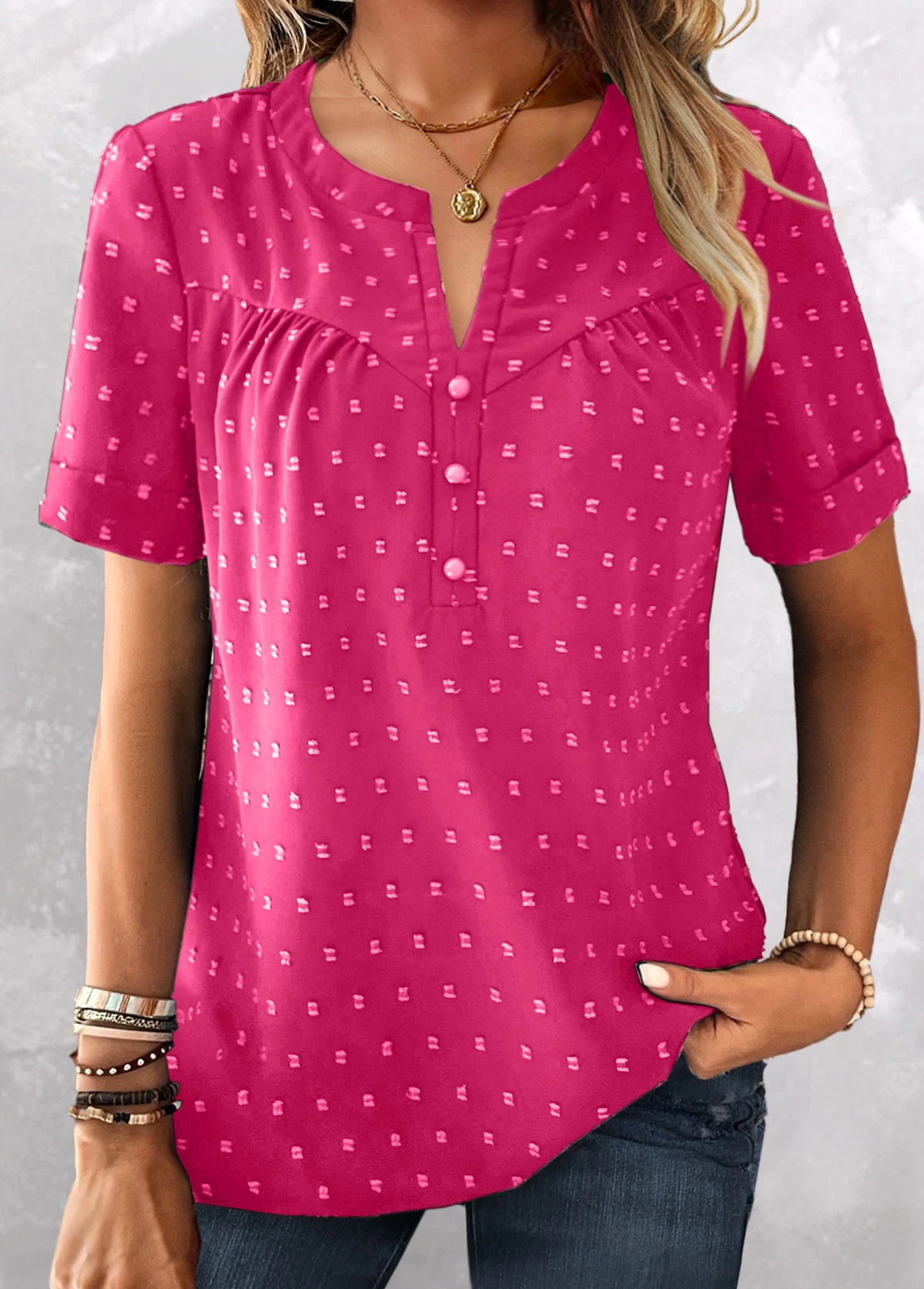Plus Size Hot Pink Button Short Sleeve Blouse 3 Plus Size Hot Pink Button Short Sleeve Blouse