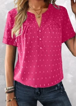 Plus Size Hot Pink Button Short Sleeve Blouse 7 Plus Size Hot Pink Button Short Sleeve Blouse -Rosewe Promotion Store 330173 P 1679652793253