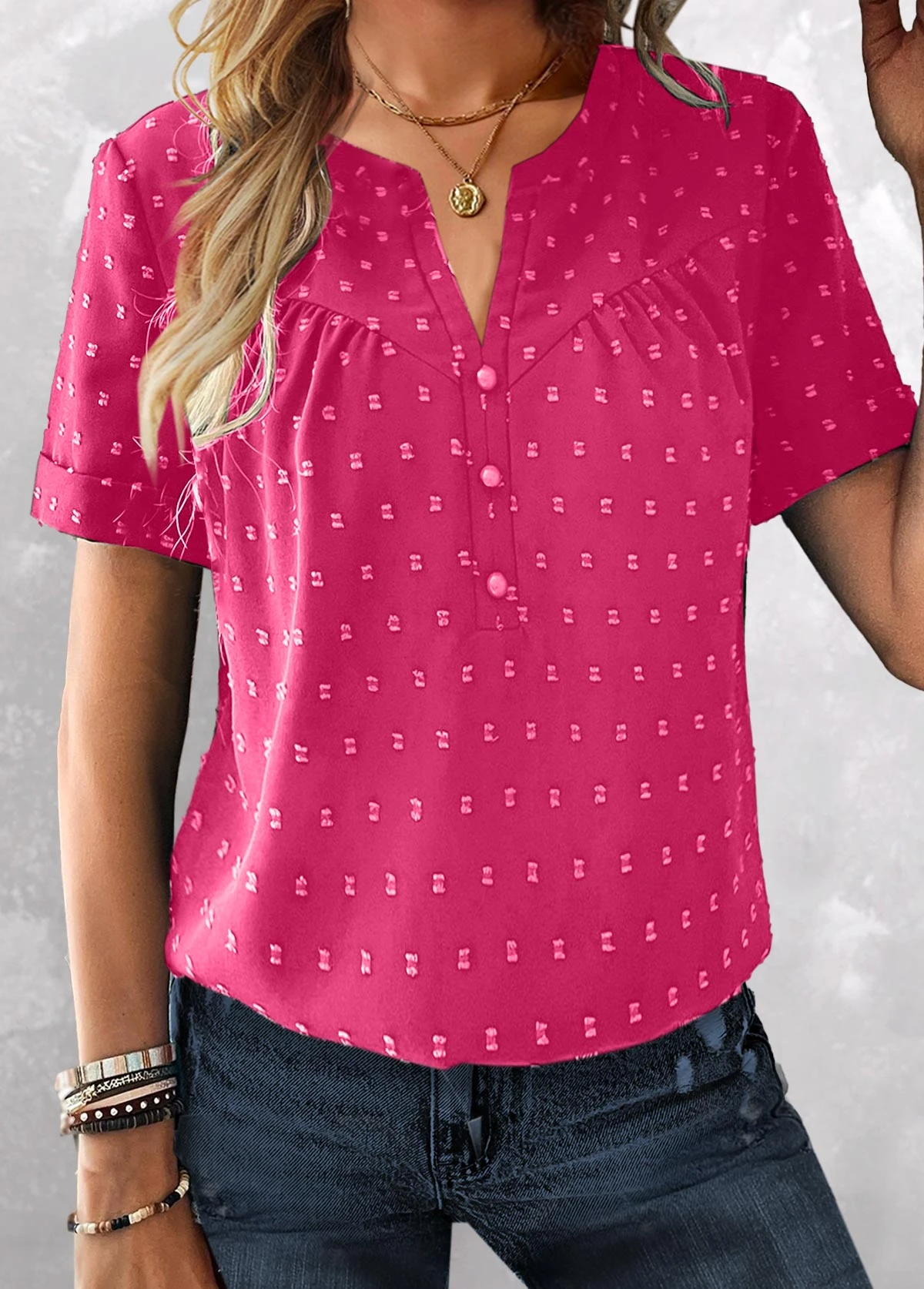 Plus Size Hot Pink Button Short Sleeve Blouse 5 Plus Size Hot Pink Button Short Sleeve Blouse - Image 3