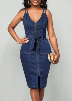 Plus Size Denim Blue Zipper Belted Bodycon Dress
