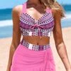 Plus Size Mid Waisted Pink Geometric Print Bikini Set -Rosewe Promotion Store 330232 P 1679896925342