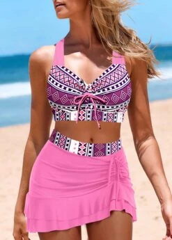 Plus Size Mid Waisted Pink Geometric Print Bikini Set