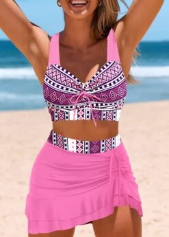 Plus Size Mid Waisted Pink Geometric Print Bikini Set -Rosewe Promotion Store 330232 P 1679896926987