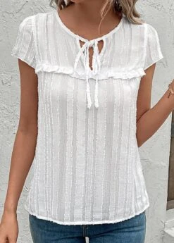 Round Neck Tie White Short Sleeve Blouse -Rosewe Promotion Store 330272 P 16831675892875