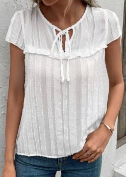 Round Neck Tie White Short Sleeve Blouse -Rosewe Promotion Store 330272 P 16831675896433