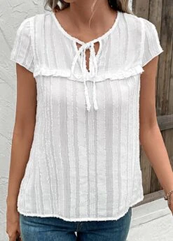 Round Neck Tie White Short Sleeve Blouse -Rosewe Promotion Store 330272 P 16831675898494