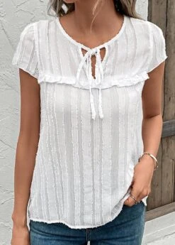Round Neck Tie White Short Sleeve Blouse