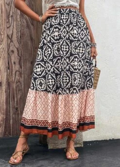 Tribal Print Patchwork Multi Color Maxi Skirt -Rosewe Promotion Store 330283 P 16818065173055