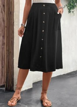 Button Black A Line Elastic Waist Skirt