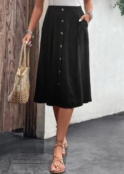 Button Black A Line Elastic Waist Skirt -Rosewe Promotion Store 330291 P 16818064850955