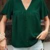 Button Turquoise V Neck Short Sleeve Blouse 2 Button Turquoise V Neck Short Sleeve Blouse -Rosewe Promotion Store 330295 P 1681978707883
