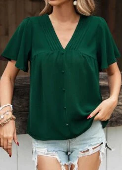 Button Turquoise V Neck Short Sleeve Blouse