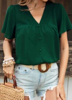 Button Turquoise V Neck Short Sleeve Blouse -Rosewe Promotion Store 330295 P 1681978708899