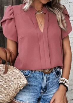 Dark Reddish Purple Split Neck Patchwork Blouse -Rosewe Promotion Store 330297 P 1679901399247