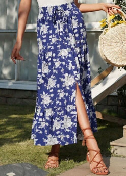 Floral Print Split Dark Blue A Line Skirt