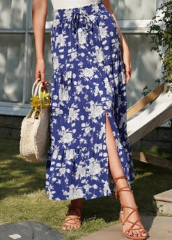 Floral Print Split Dark Blue A Line Skirt -Rosewe Promotion Store 330330 P 1679907714229