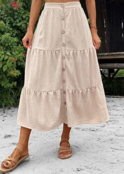 Button Beige A Line Elastic Waist Skirt -Rosewe Promotion Store 330331 P 1679907733133