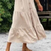 Button Beige A Line Elastic Waist Skirt