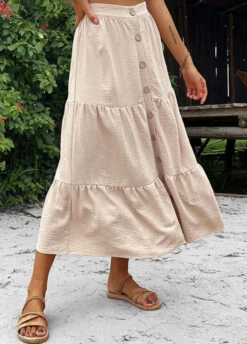 Button Beige A Line Elastic Waist Skirt
