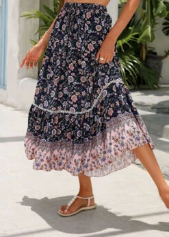 Floral Print Patchwork Multi Color A Line Skirt -Rosewe Promotion Store 330333 P 1679907784240