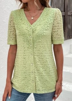 Green Lace V Neck Short Sleeve Blouse -Rosewe Promotion Store 330367 P 16841475180833